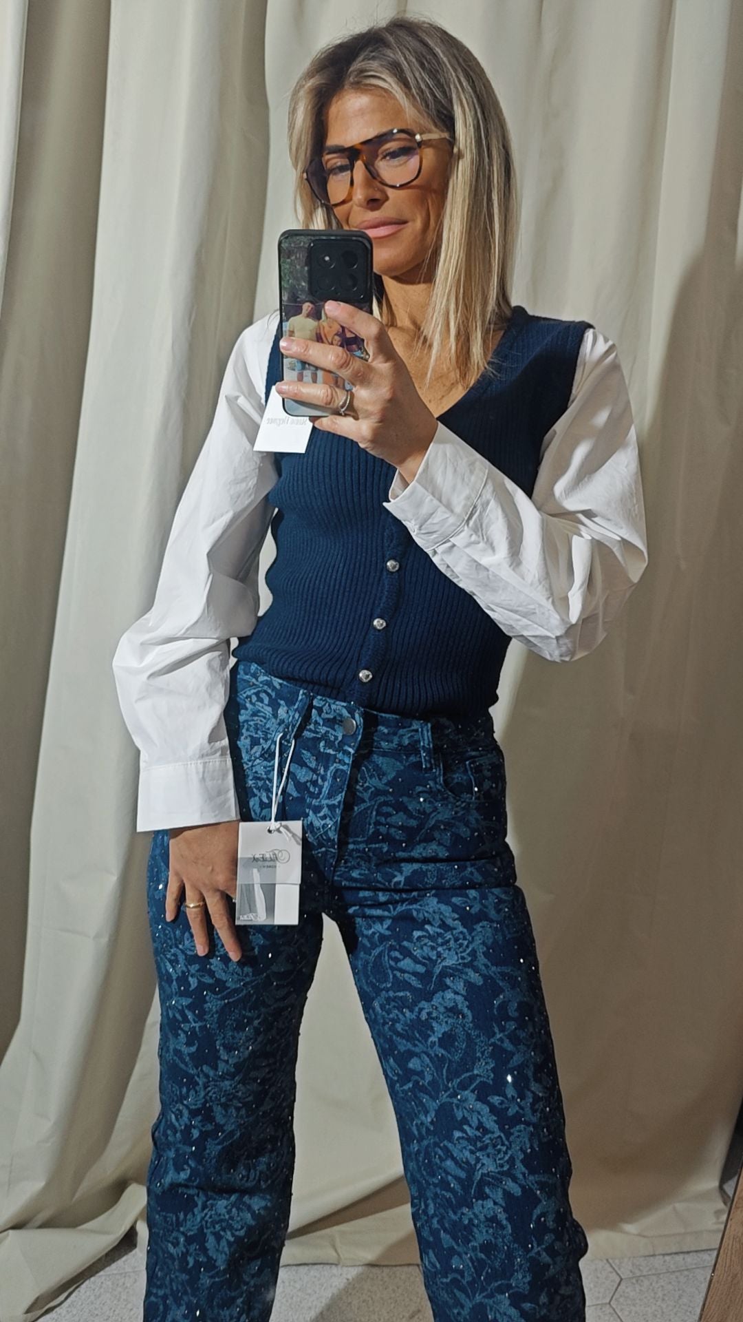 Jeans fiori strass