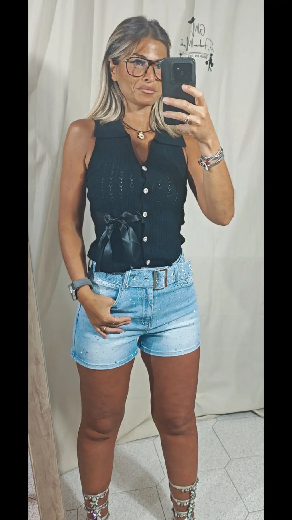 Pantalonicini jeans strass con cintura