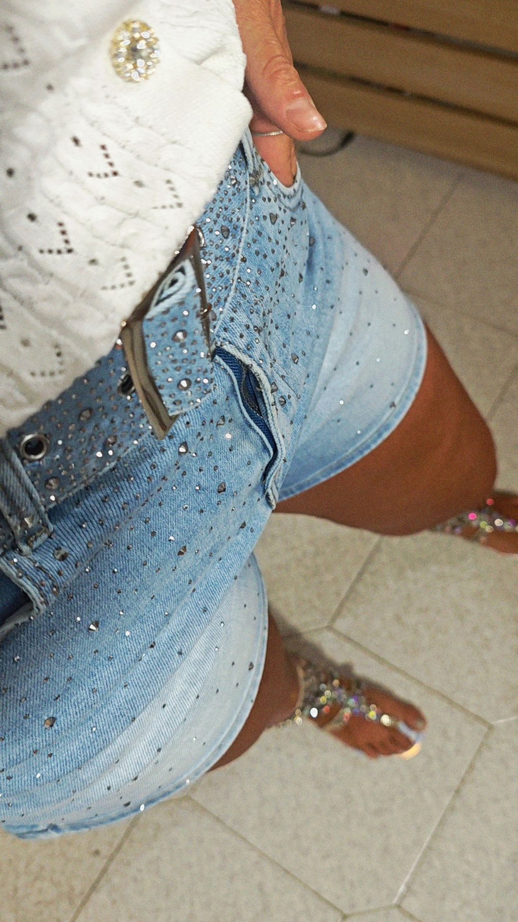 Pantalonicini jeans strass con cintura